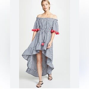 Sundress Alena Gingham Pom Pom Off Shoulder High Low Dress